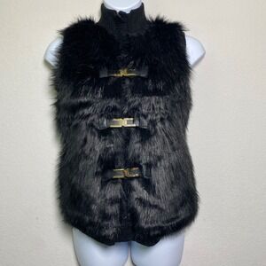 Cliche Couture Black Faux Fur Knit Vest Mock‎ Neck Gold Buckle Medium MOB Wife